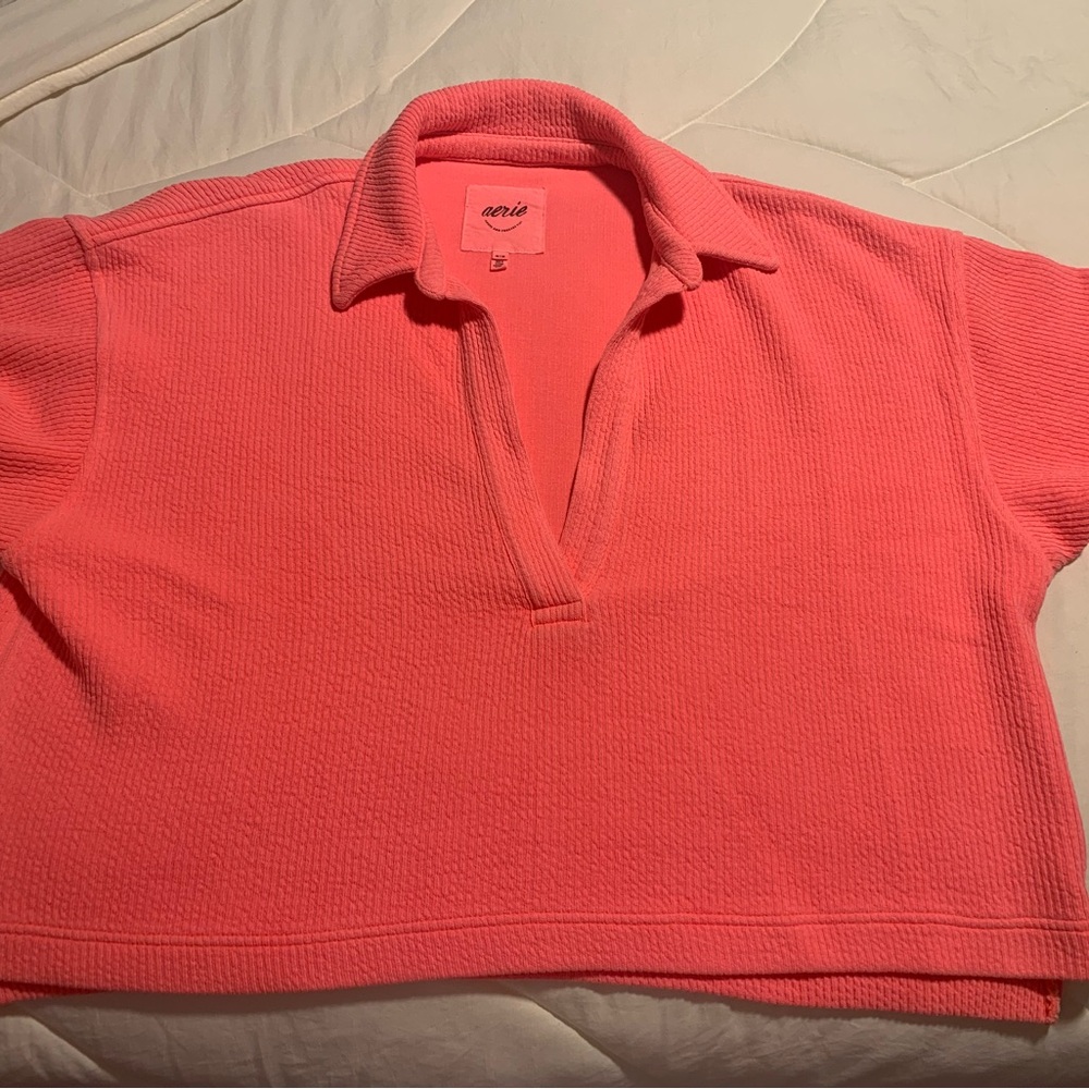 NWOT AERIE Bright Coral Pink Short Sleeve Polo M